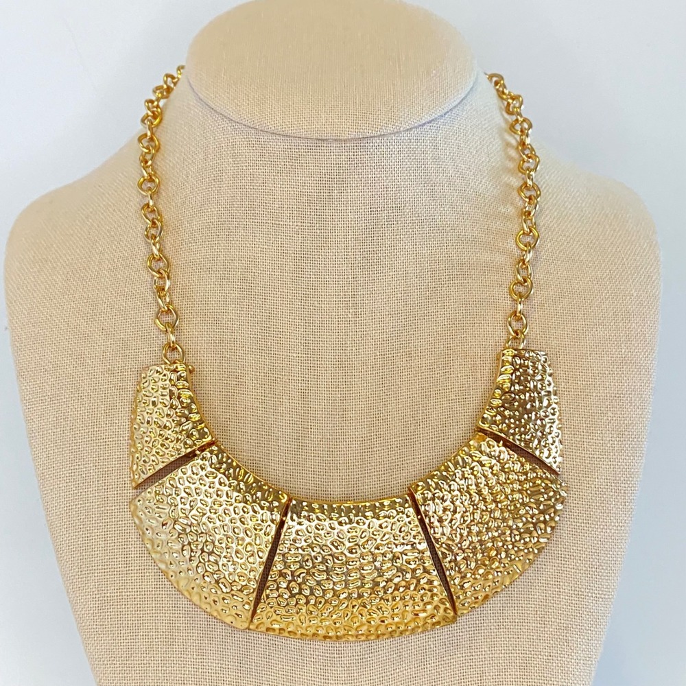 Gold Tone Hammered Geometric Necklace Chunky Statement Bib Collar Art Deco Piece